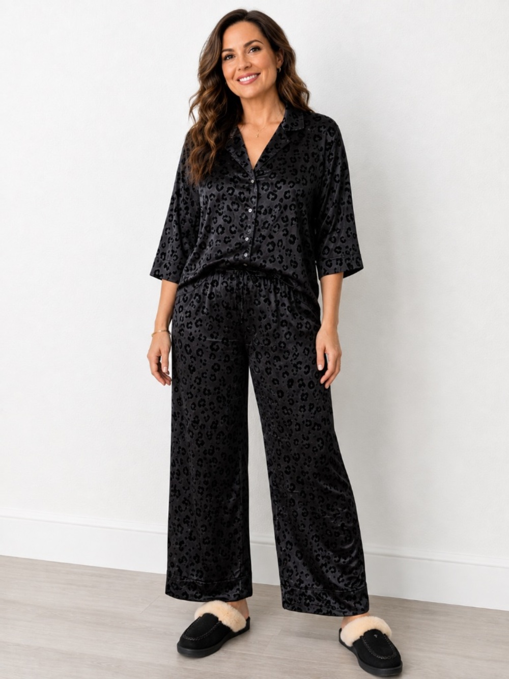 Black Leopard Print Pajama Set Wide Leg Lounge Set Button Front XL